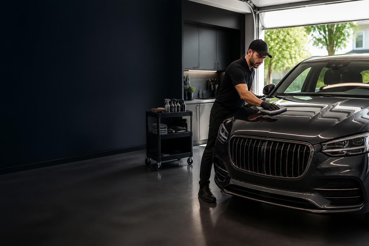 Professional carefully detailing a luxury vehicle